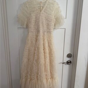 Womens Cream Lace Ruffled Tulle Dress